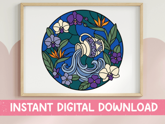 Aquarius Stained Glass Floral SVG PNG for Graphics and T-Shirt Designs